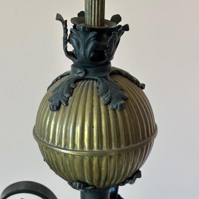 LOT 65L: Antique Victorian Cast Iron/Brass Oil Lamp with Red Glass Shade