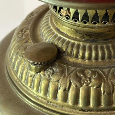 LOT 65L: Antique Victorian Cast Iron/Brass Oil Lamp with Red Glass Shade