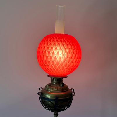 LOT 65L: Antique Victorian Cast Iron/Brass Oil Lamp with Red Glass Shade