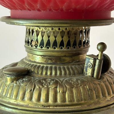LOT 65L: Antique Victorian Cast Iron/Brass Oil Lamp with Red Glass Shade