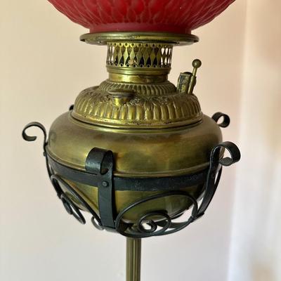 LOT 65L: Antique Victorian Cast Iron/Brass Oil Lamp with Red Glass Shade