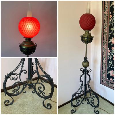 LOT 65L: Antique Victorian Cast Iron/Brass Oil Lamp with Red Glass Shade