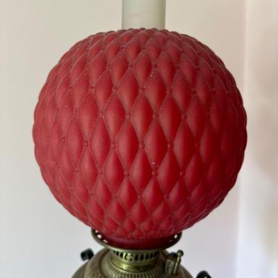 LOT 65L: Antique Victorian Cast Iron/Brass Oil Lamp with Red Glass Shade