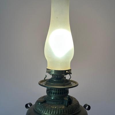 LOT 65L: Antique Victorian Cast Iron/Brass Oil Lamp with Red Glass Shade