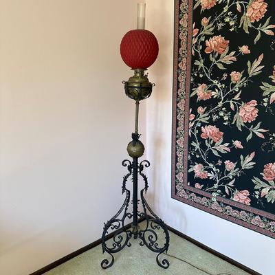 LOT 65L: Antique Victorian Cast Iron/Brass Oil Lamp with Red Glass Shade