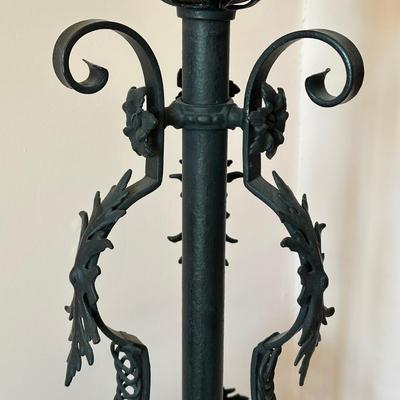 LOT 65L: Antique Victorian Cast Iron/Brass Oil Lamp with Red Glass Shade