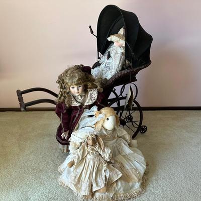 LOT 67L: Vintage Wicker Doll Carriage w/ Delton Doll, Seymour Mann Doll & More