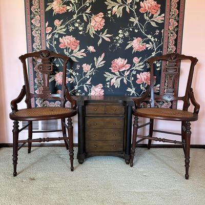 LOT 68L: Pair Of Antique Cane Chair w/ 1 Drawer 1 Door End Table