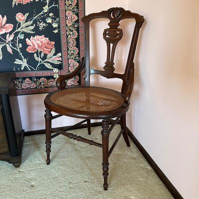 LOT 68L: Pair Of Antique Cane Chair w/ 1 Drawer 1 Door End Table