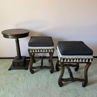 LOT 70L: Two Antique Wooden Foot Stools & Side Table w/ Drawer
