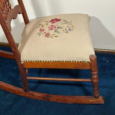 LOT 79A: Antique Wooden Needle Point Hand Embroidered Seat Cushion Rocking Chair