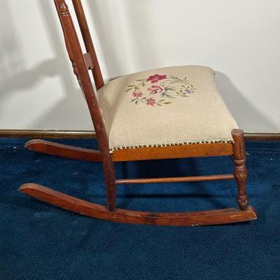 LOT 79A: Antique Wooden Needle Point Hand Embroidered Seat Cushion Rocking Chair