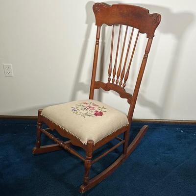 LOT 79A: Antique Wooden Needle Point Hand Embroidered Seat Cushion Rocking Chair