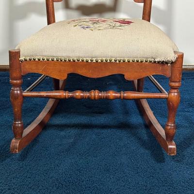 LOT 79A: Antique Wooden Needle Point Hand Embroidered Seat Cushion Rocking Chair