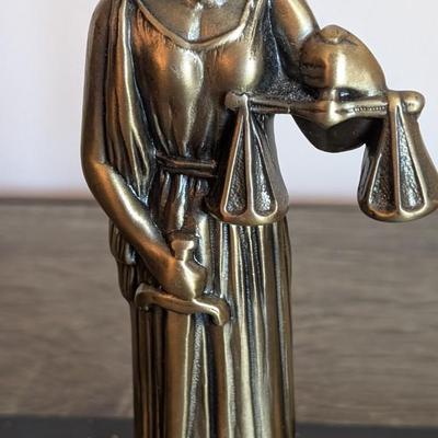 LOT 81K: Vintage Bronze/Brass Metal Desk Items, Lion Paperweight, Lady Justice Pen Holder & Love Of Money, Inc. USMC Bottle Opener