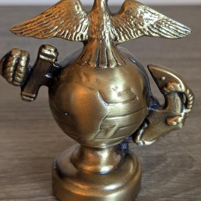 LOT 81K: Vintage Bronze/Brass Metal Desk Items, Lion Paperweight, Lady Justice Pen Holder & Love Of Money, Inc. USMC Bottle Opener