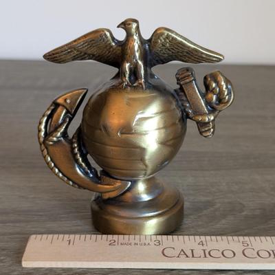 LOT 81K: Vintage Bronze/Brass Metal Desk Items, Lion Paperweight, Lady Justice Pen Holder & Love Of Money, Inc. USMC Bottle Opener