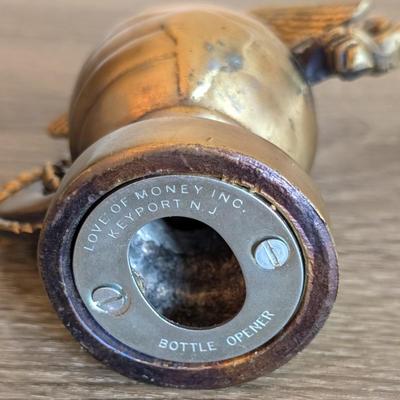 LOT 81K: Vintage Bronze/Brass Metal Desk Items, Lion Paperweight, Lady Justice Pen Holder & Love Of Money, Inc. USMC Bottle Opener