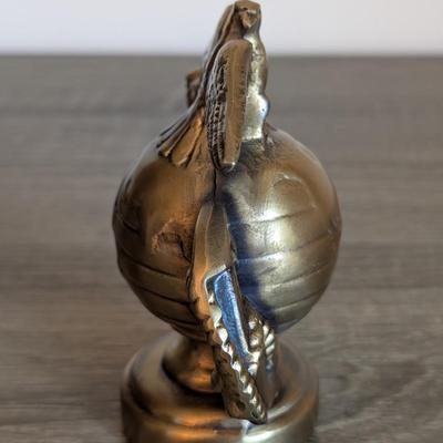 LOT 81K: Vintage Bronze/Brass Metal Desk Items, Lion Paperweight, Lady Justice Pen Holder & Love Of Money, Inc. USMC Bottle Opener