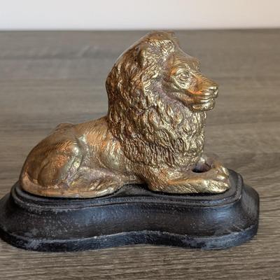 LOT 81K: Vintage Bronze/Brass Metal Desk Items, Lion Paperweight, Lady Justice Pen Holder & Love Of Money, Inc. USMC Bottle Opener