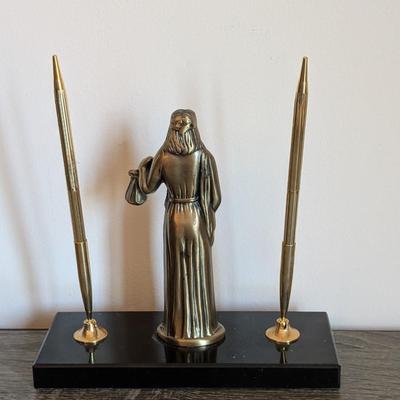 LOT 81K: Vintage Bronze/Brass Metal Desk Items, Lion Paperweight, Lady Justice Pen Holder & Love Of Money, Inc. USMC Bottle Opener