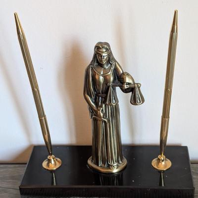 LOT 81K: Vintage Bronze/Brass Metal Desk Items, Lion Paperweight, Lady Justice Pen Holder & Love Of Money, Inc. USMC Bottle Opener
