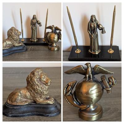 LOT 81K: Vintage Bronze/Brass Metal Desk Items, Lion Paperweight, Lady Justice Pen Holder & Love Of Money, Inc. USMC Bottle Opener