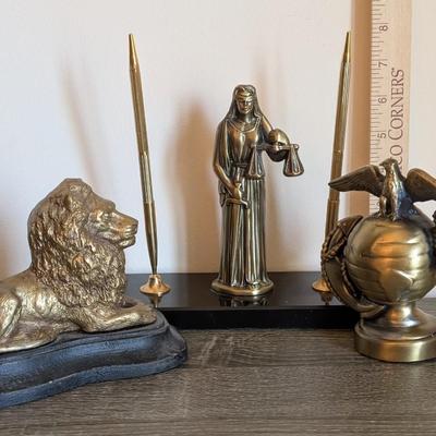 LOT 81K: Vintage Bronze/Brass Metal Desk Items, Lion Paperweight, Lady Justice Pen Holder & Love Of Money, Inc. USMC Bottle Opener