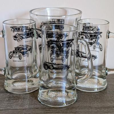 LOT 87K: Vintage Pitcher With Beer Glass Set Designed With Ford, Chevrolet, Buick & Packard Cars