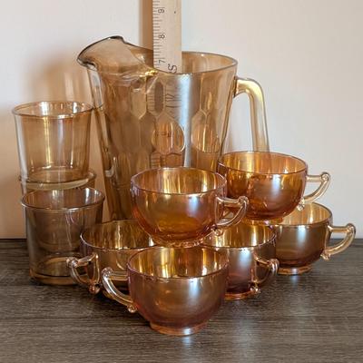 LOT 88K: Vintage Marigold Carnival Pitcher With Cups & Glasses