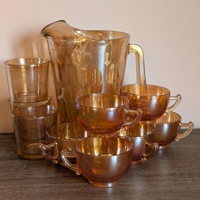 LOT 88K: Vintage Marigold Carnival Pitcher With Cups & Glasses