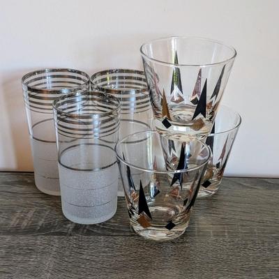 LOT 90 K: MC Silver/Frosted Glasses & Anchor Hocking Golden Peaks Atomic Arrow Cocktail Glasses