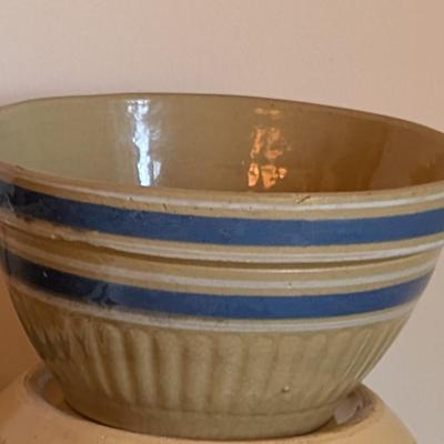 LOT 91K: Antique/Vintage Yellow Ware & White Mixing Bowls With Blue Stripes