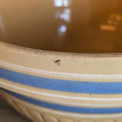LOT 91K: Antique/Vintage Yellow Ware & White Mixing Bowls With Blue Stripes
