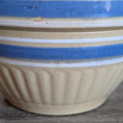 LOT 91K: Antique/Vintage Yellow Ware & White Mixing Bowls With Blue Stripes