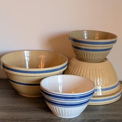 LOT 91K: Antique/Vintage Yellow Ware & White Mixing Bowls With Blue Stripes