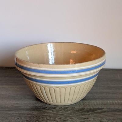 LOT 91K: Antique/Vintage Yellow Ware & White Mixing Bowls With Blue Stripes
