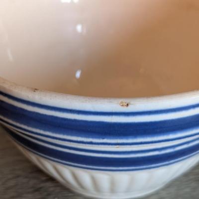 LOT 91K: Antique/Vintage Yellow Ware & White Mixing Bowls With Blue Stripes
