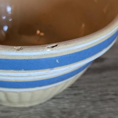 LOT 91K: Antique/Vintage Yellow Ware & White Mixing Bowls With Blue Stripes