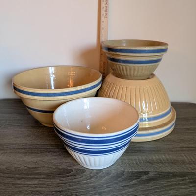 LOT 91K: Antique/Vintage Yellow Ware & White Mixing Bowls With Blue Stripes
