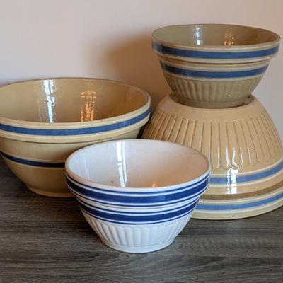 LOT 91K: Antique/Vintage Yellow Ware & White Mixing Bowls With Blue Stripes