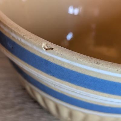 LOT 91K: Antique/Vintage Yellow Ware & White Mixing Bowls With Blue Stripes