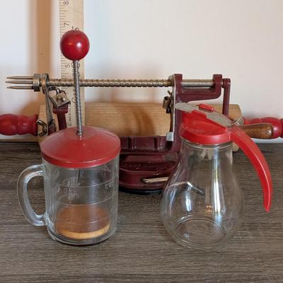 LOT 92K: How About Those Apples? Collectible Indiana Cast Iron Apple Peeler, Vintage Glass/Metal Food Chopper, Syrup Dispenser &...