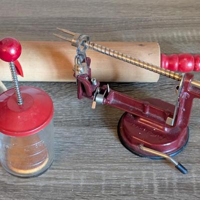 LOT 92K: How About Those Apples? Collectible Indiana Cast Iron Apple Peeler, Vintage Glass/Metal Food Chopper, Syrup Dispenser &...