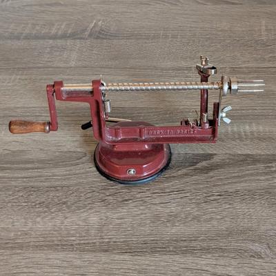 LOT 92K: How About Those Apples? Collectible Indiana Cast Iron Apple Peeler, Vintage Glass/Metal Food Chopper, Syrup Dispenser &...