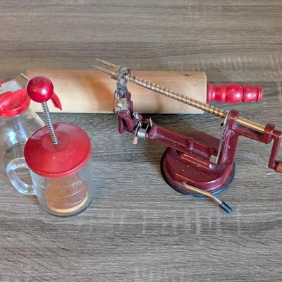 LOT 92K: How About Those Apples? Collectible Indiana Cast Iron Apple Peeler, Vintage Glass/Metal Food Chopper, Syrup Dispenser &...