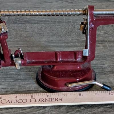 LOT 92K: How About Those Apples? Collectible Indiana Cast Iron Apple Peeler, Vintage Glass/Metal Food Chopper, Syrup Dispenser &...