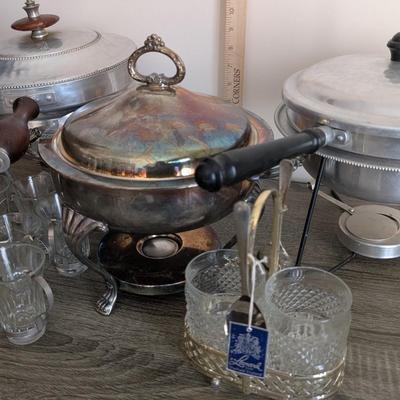 LOT 96K: Antique/Vintage Set Of 6 Metal & Glass Mugs, Silver Plated Leonard Condiment Caddy With Cut Crystal Glasses, 2 Spoons &...