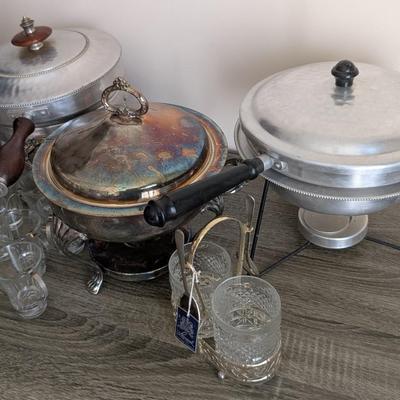 LOT 96K: Antique/Vintage Set Of 6 Metal & Glass Mugs, Silver Plated Leonard Condiment Caddy With Cut Crystal Glasses, 2 Spoons &...