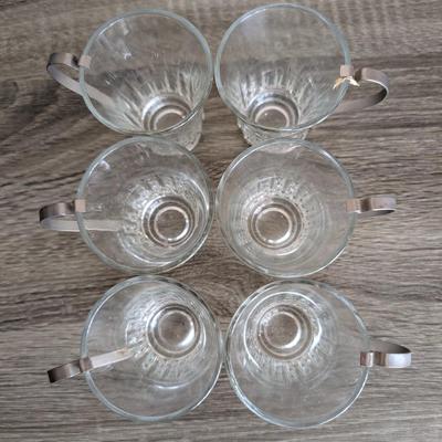 LOT 96K: Antique/Vintage Set Of 6 Metal & Glass Mugs, Silver Plated Leonard Condiment Caddy With Cut Crystal Glasses, 2 Spoons &...